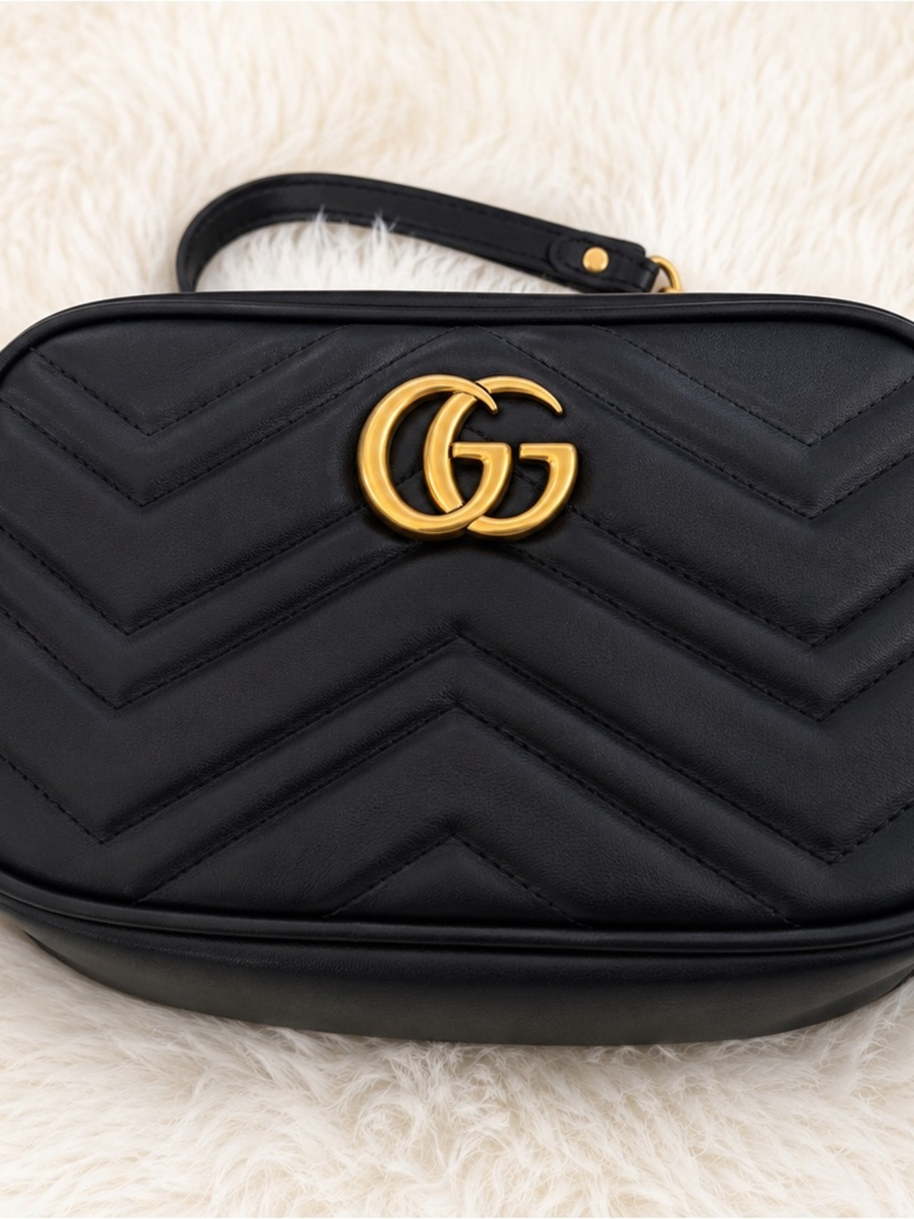 Gucci Black Leather Chevron Crossbody with Gold Double G
